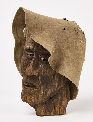 Carved Man's Scarecrow Head with Felt Hat