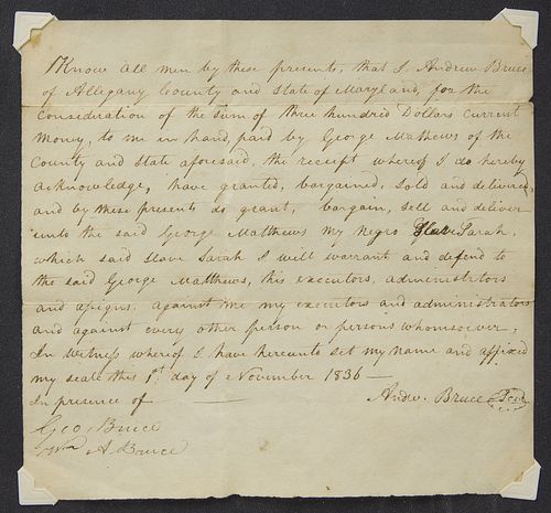 1836 Slave Bill of Sale - Andrew Bruce, Maryland