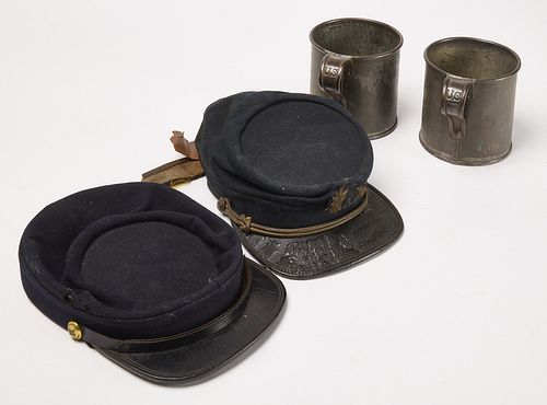 Lot 2 Early Civil War Caps & 2 Tin Cups