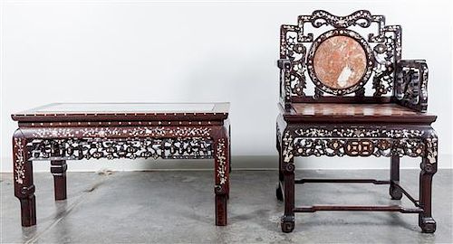 A Mother-of-Pearl Inlaid Throne Chair and Low Table. Height of chair 40 x width 26 x depth 20 3/8 inches.