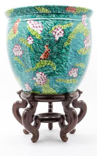 A Chinese Jardiniere on Stand Height 16 1/4 inches.