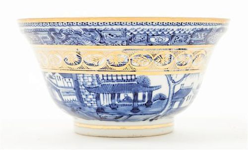 A Chinese Export Blue and White Gilt Porcelain Bowl Diameter 4 3/4 inches.