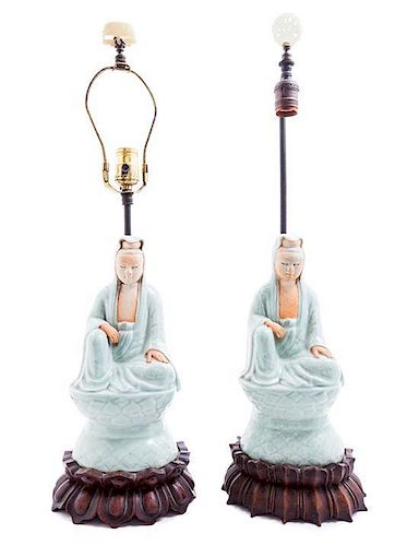 * A Pair of Chinese Celadon Glazed Figures of Guanyin Height figure 12 inches.