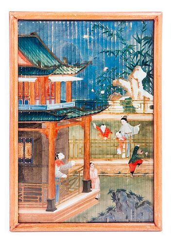 * A Chinese Reverse Painted Glass Panel Height 17 3/4 x width 11 1/4 inches.
