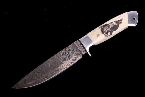 Montana Territory Buffalo Scrimshaw Damascus Knife