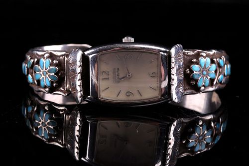 Zuni Silver & Turquoise Signed Watch Band C. 1970