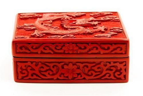 * A Chinese Cinnabar Lacquer Rectangular Box and Cover Height 1 3/4 x width 4 1/2 x depth 3 inches.