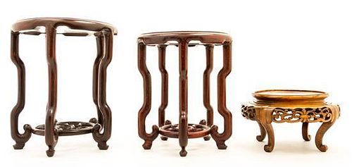 * Three Chinese Rosewood Circular Stands. Height of tallest 9 1/4 x 7 1/2 inches.