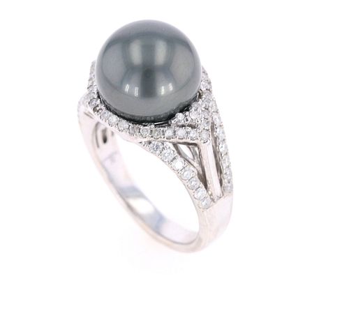 Scarce Black Tahitian Pearl Diamond 14k Gold Ring