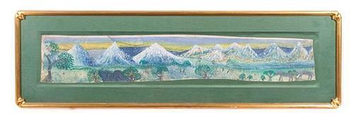 A Nepalese Bark Painting Height 10 3/4 x width 35 1/2 inches (framed).