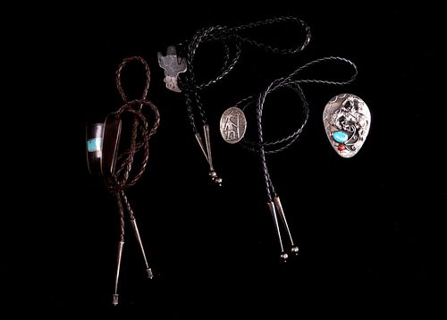 Bolo Ties Of Silver Wood Turquoise & Coral