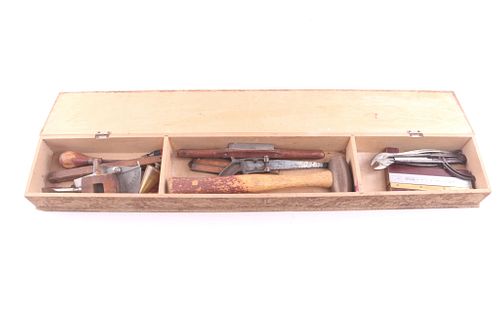 1906 Hand Made & Decorated Wooden Tool Box & Tools