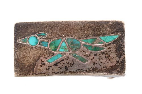Navajo Old Pawn Silver Turquoise Roadrunner Buckle