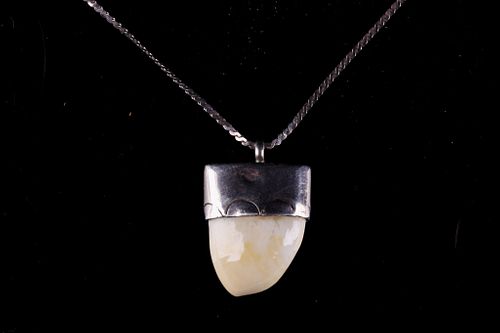 Elk Ivory Tooth & Silver Pendant Necklace