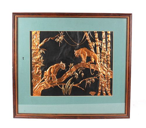 1949 Copper Jungle Cats Framed Scene by Margie