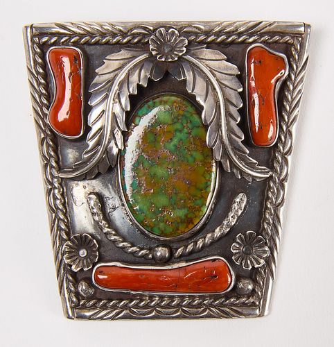 Large Navajo Silver Turquoise and Coral Bolo