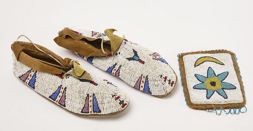 Pair Beaded Moccasins and Pouch