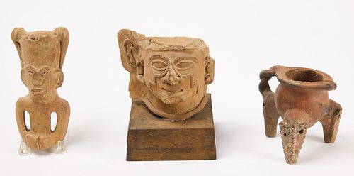 Pre-Columbian Warrior Mask, Figure, Tripod vessel