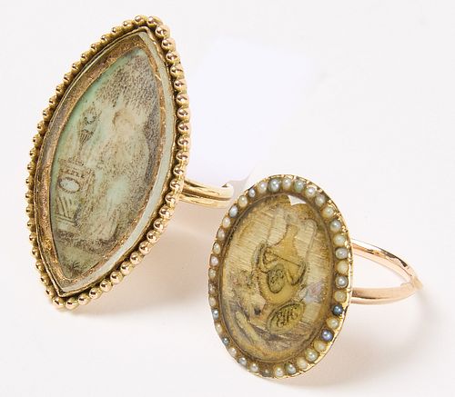 Two Victorian Hair Mourning Ring with Seed Pearls