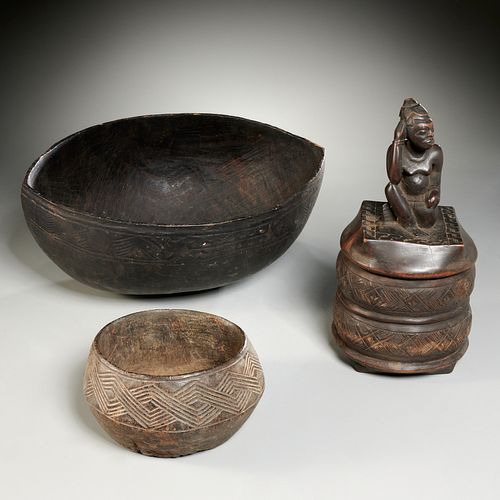 (3) African carved wood storage vessels
