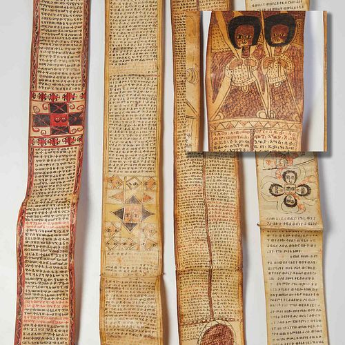 (4) Ethiopian illuminated Coptic prayer scrolls
