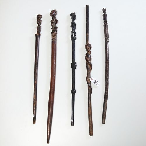 Group (5) African anthropomorphic wood staffs