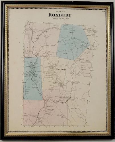 Framed Hand Colored Map of Roxbury, CT
