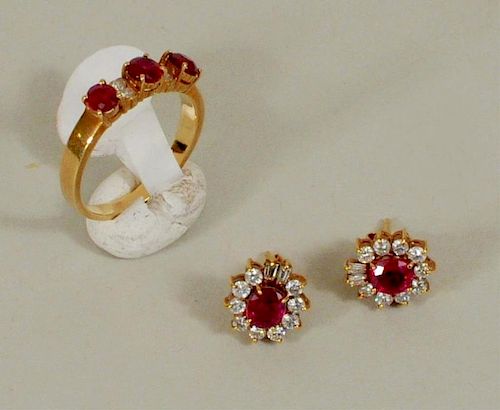 14K Gold/Ruby/Diamond Earrings & 18K Ring