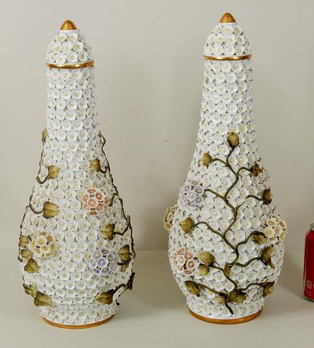 Pair German Blooming Porcelain Lidded Urns
