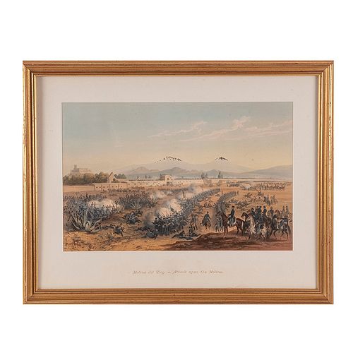 Nebel Carl - Bayot, Adolphe J. B. Vista de la Batalla del Molino del Rey. Paris, 1851. Litografía coloreada 27.5 x 42.5 cm.