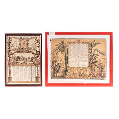Calendarios de Decaen. Para el Año de 1864 / Para el Año de 1865. 2 Litografías coloreadas en un marco y una a color. Piezas: 2.