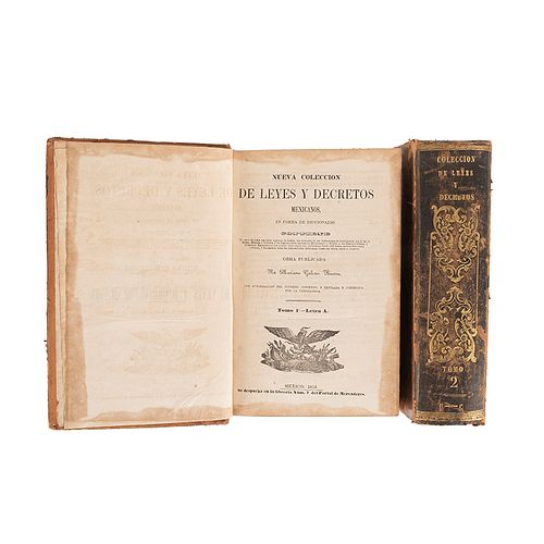 Galván Rivera, Mariano.Nueva Colección de Leyes y Decretos Mexicanos en Forma de Diccionario.México:1853.T. I-II,únicos publicados.Pz:2