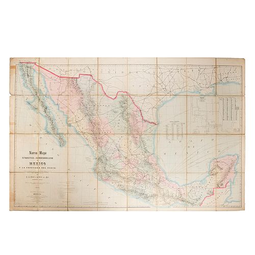 Owen, A. K. -Motz, Alberto. Nuevo Mapa Estadístico y Ferrocarrilero de México y la Frontera del Norte. Philadelphia: 1882. 120 x 185 cm