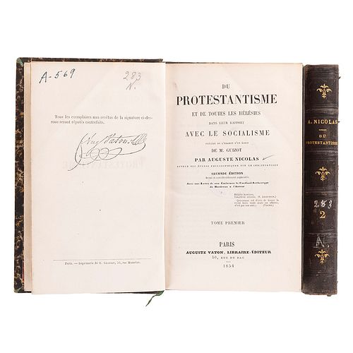 Guizot, M. Du Protestantisme et de Toutes les Hérésies dans Leur Rapport avec le Socialisme... Paris, 1854. 2 edición. Pzs 2