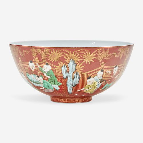 A Chinese famille verte coral-ground porcelain "Boys" bowl 五彩珊瑚地“童子”碗
