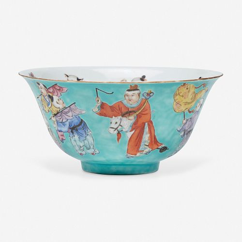 A Chinese turquoise ground "Boys" bowl 五彩松石绿地“童子”碗