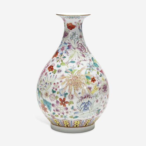 A Chinese famille rose-decorated "100 Flowers" vase, Yuhuchunping 粉彩百花瓶 Xuantong six-character mark and possibly of the period 宣统六字款 或清宣统