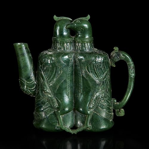 An unusual Chinese spinach jade archaistic "Double-bird" ewer 双天鸡碧玉壶