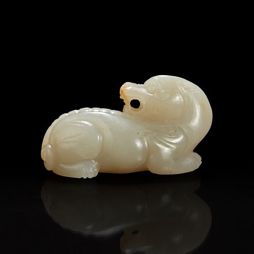 A Small Chinese carved grayish white jade figure of mythical beast 白玉小瑞兽 Qing Dynasty 清
