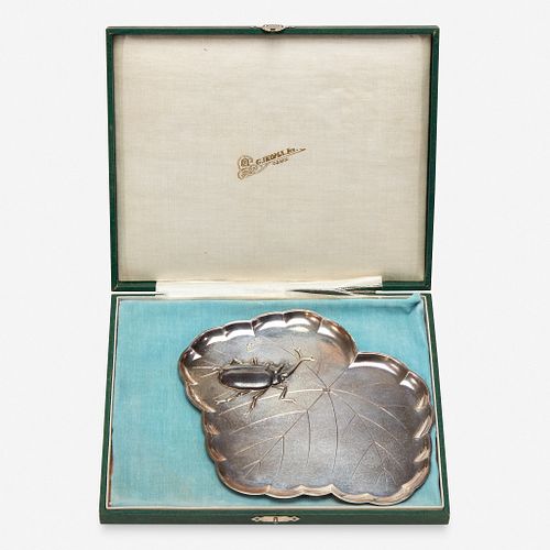 A Japanese silver "Kiri Leaf and Staghorn Beetle" tray 日本银托盘