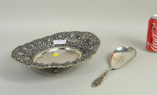 .800 Silver Pierced Repousse Footed Bowl & Spoon