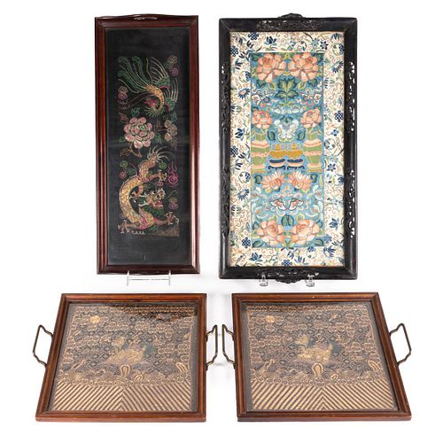 FOUR TRAYS WITH CHINESE EMBROIDERY PANELS