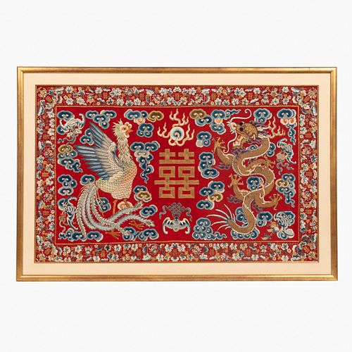 CHINESE RED & GILT DRAGON & PHOENIX EMBROIDERY
