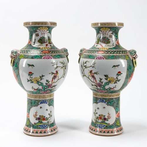 PAIR, CHINESE FAMILLE VERTE LION MASK HANDLE VASES