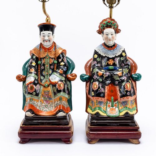 PAIR, CHINESE SEATED EMPEROR & EMPRESS TABLE LAMPS