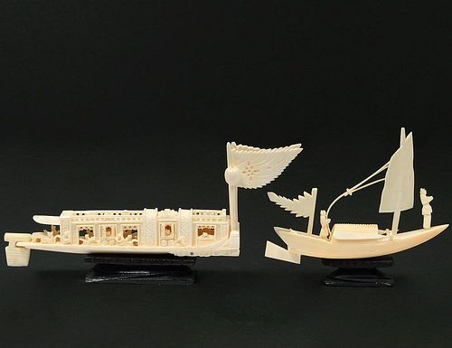 TWO CARVED IVORY BOATS