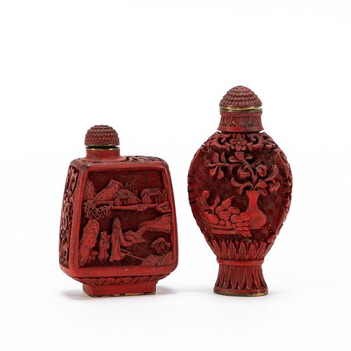 CHINESE TWO CARVED CINNABAR SNUFF BOTTLES