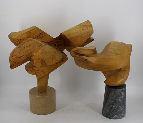 2 Midcentury Wood Abstract Sculptures On Marble