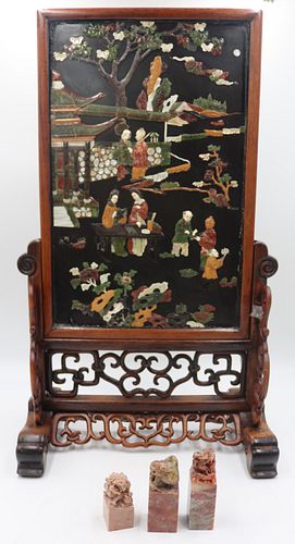 Chinese Hardstone Screen On Stand Together With