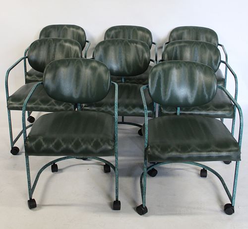 8 Patinated Metal & Upholstered Chairs.